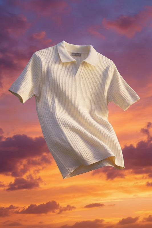 Lunavraz White Ribbed Knit-Polo Shirt 001 (75% Cotton and 25% Nylon)