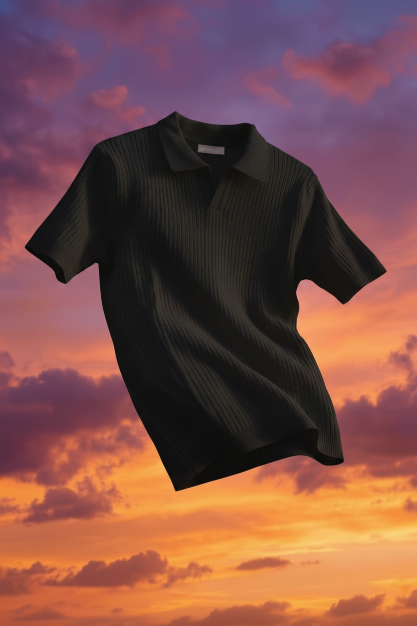 Black Ribbed Knit Polo Shirt