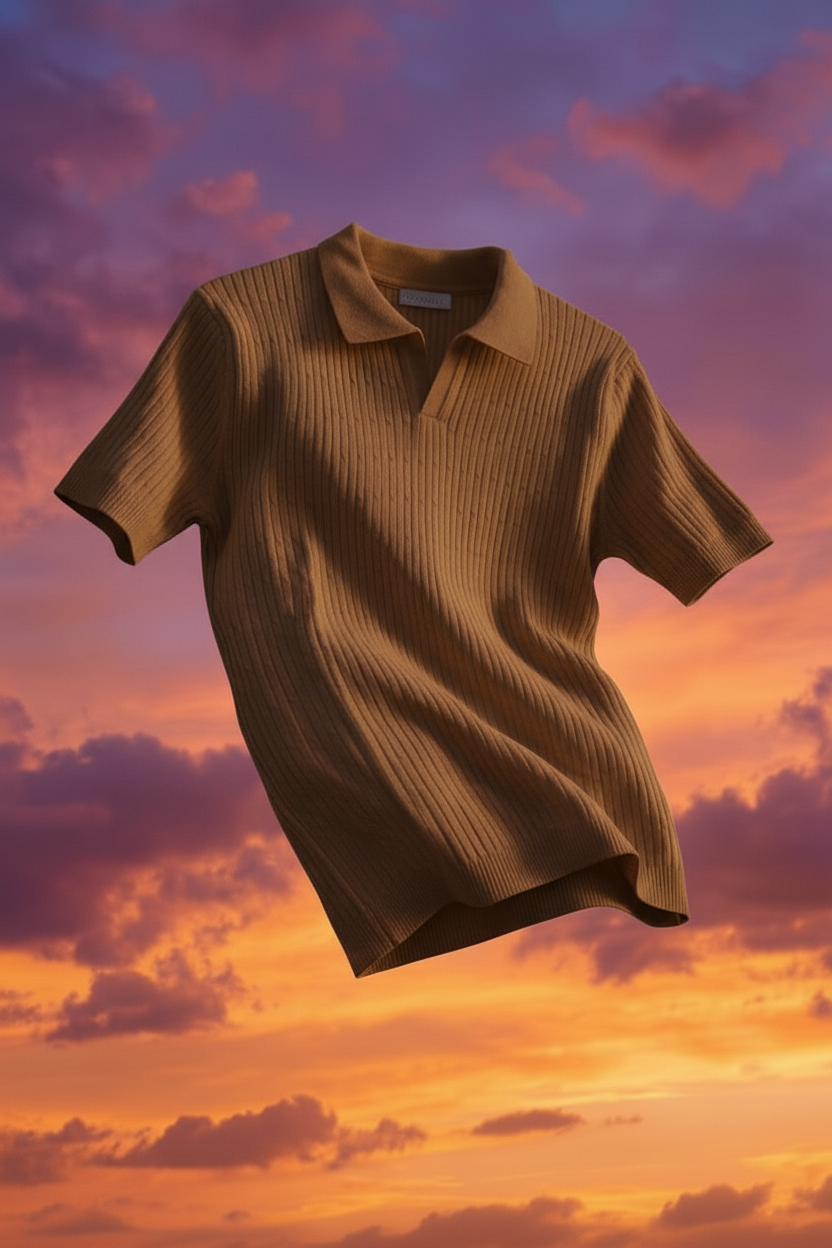 Brown Ribbed Knit Polo Shirt
