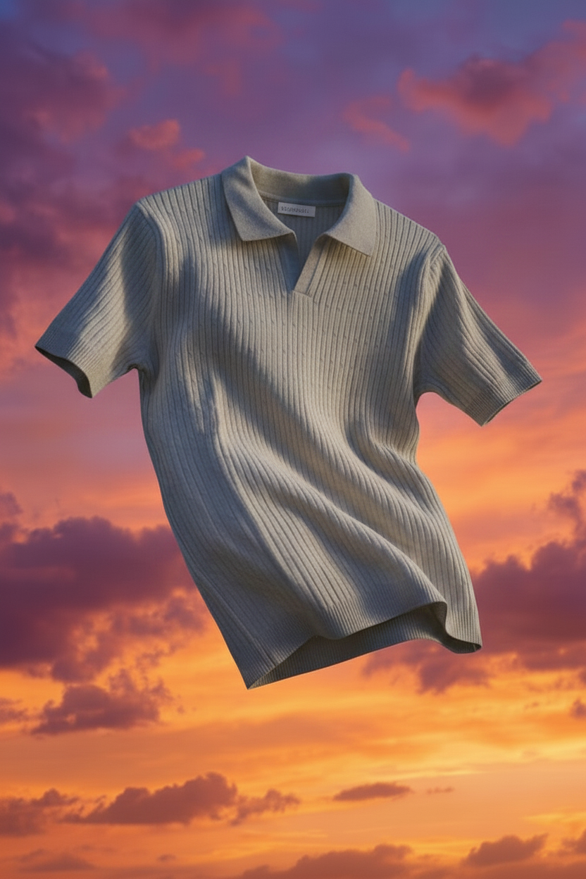 Gray Ribbed Knit Polo Shirt